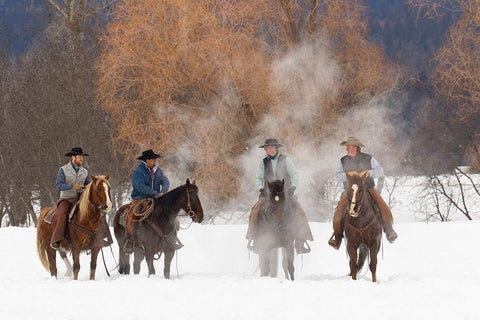 Cowboys during winter roundup-Kalispell-Montana White Modern Wood Framed Art Print with Double Matting by Jones, Adam