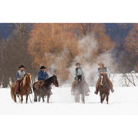 Cowboys during winter roundup-Kalispell-Montana Black Modern Wood Framed Art Print by Jones, Adam