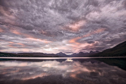 Lake McDonald at sunset in summer-Glacier National Park-Montana White Modern Wood Framed Art Print with Double Matting by Jones, Adam