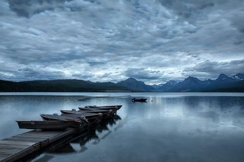 Dock and Lake McDonald-Glacier National Park-Montana White Modern Wood Framed Art Print with Double Matting by Jones, Adam