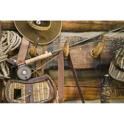 MT, Fishing ger and hat hang on horn pegs Black Modern Wood Framed Art Print with Double Matting by Paulson, Don