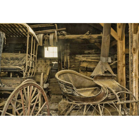 Montana, Virginia City Antique sleigh and buggy White Modern Wood Framed Art Print by Paulson, Don