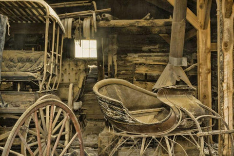 Montana, Virginia City Antique sleigh and buggy White Modern Wood Framed Art Print with Double Matting by Paulson, Don