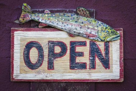 Montana, Virginia City Open sign on store front Black Ornate Wood Framed Art Print with Double Matting by Paulson, Don
