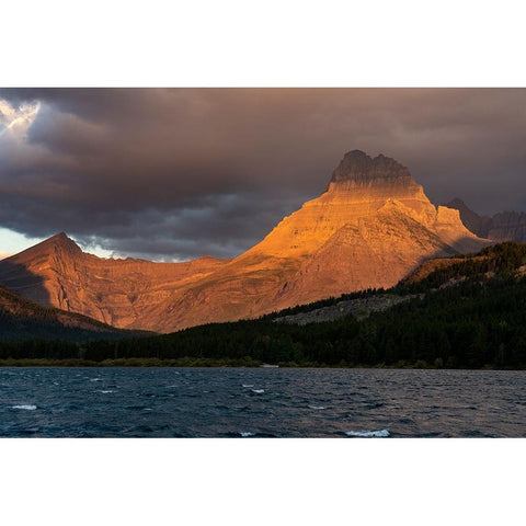 USA-Montana-Glacier National Park Stormy sunrise on Mt Wilbur and lake Black Modern Wood Framed Art Print by Jaynes Gallery