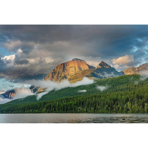 Stormy late afternoon light on Rainbow Peak at Bowman Lake in Glacier National Park-Montana-USA White Modern Wood Framed Art Print by Haney, Chuck
