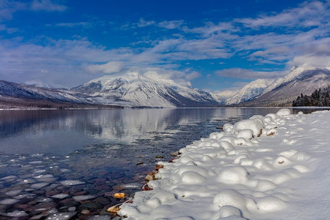 Mountains reflect in wintry Lake McDonald in Glacier National Park-Montana-USA Black Ornate Wood Framed Art Print with Double Matting by Haney, Chuck