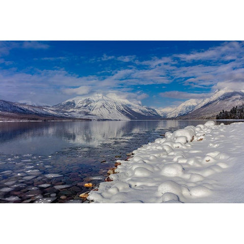 Mountains reflect in wintry Lake McDonald in Glacier National Park-Montana-USA Black Modern Wood Framed Art Print by Haney, Chuck