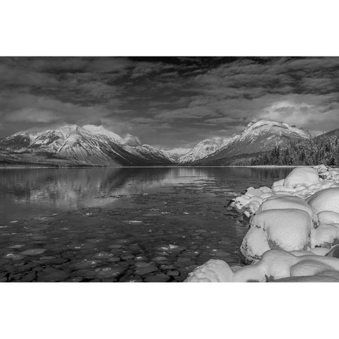 Mountains reflect in wintry Lake McDonald in Glacier National Park-Montana-USA Black Modern Wood Framed Art Print by Haney, Chuck