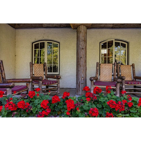 Lounge chairs at Lake McDonald Lodge in Glacier National Park-Montana-USA Black Modern Wood Framed Art Print by Haney, Chuck