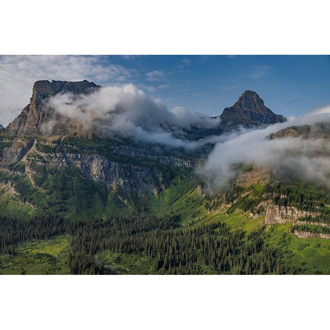 Rolling fog clouds with Heavy Runner and Reynold Mountains at Logan Pass in Glacier National Park White Modern Wood Framed Art Print by Haney, Chuck