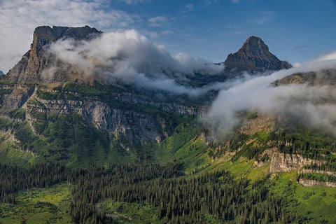 Rolling fog clouds with Heavy Runner and Reynold Mountains at Logan Pass in Glacier National Park White Modern Wood Framed Art Print with Double Matting by Haney, Chuck