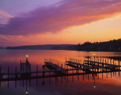 NH, Sunrise over Lake Winnipesaukee dock Black Ornate Wood Framed Art Print with Double Matting by Terrill, Steve