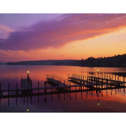 NH, Sunrise over Lake Winnipesaukee dock Black Modern Wood Framed Art Print by Terrill, Steve