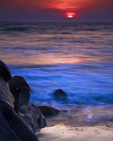New Jersey, Cape May Sunset reflection on ocean White Modern Wood Framed Art Print with Double Matting by OBrien, Jay