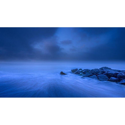 New Jersey-Cape May National Seashore Foggy sunrise on water and rocks  Black Modern Wood Framed Art Print by Jaynes Gallery