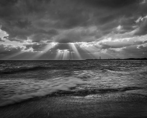 New Jersey-Cape May National Seashore BandW of sunset on ocean shore  Black Ornate Wood Framed Art Print with Double Matting by Jaynes Gallery