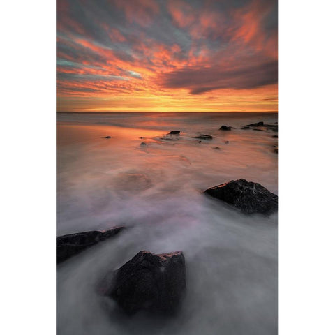 USA-New Jersey-Cape May National Seashore-Sunrise on rocky shore and ocean Black Modern Wood Framed Art Print by Jaynes Gallery