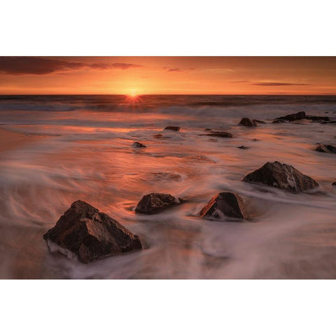 USA-New Jersey-Cape May National Seashore-Sunrise on rocky shore and ocean Gold Ornate Wood Framed Art Print with Double Matting by Jaynes Gallery