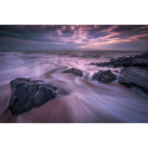 USA-New Jersey-Cape May National Seashore-Sunrise on rocky shore and ocean Black Modern Wood Framed Art Print by Jaynes Gallery