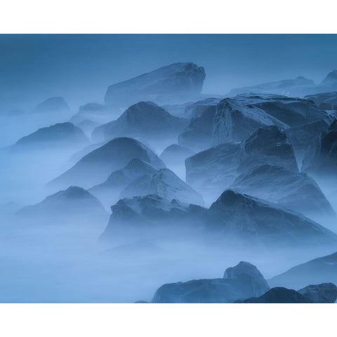 USA-New Jersey-Cape May National Seashore-Scenic of fog-covered rocks on shore Black Modern Wood Framed Art Print with Double Matting by Jaynes Gallery