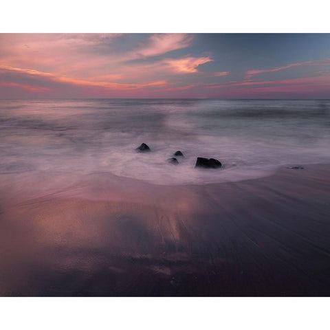 USA-New Jersey-Cape May National Seashore-Sunrise on rocky shore and ocean Black Modern Wood Framed Art Print by Jaynes Gallery