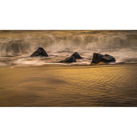 USA-New Jersey-Cape May National Seashore-Sunrise on shore rocks and wave Black Modern Wood Framed Art Print with Double Matting by Jaynes Gallery