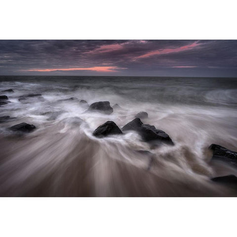 USA-New Jersey-Cape May National Seashore-Sunrise on rocky shore and ocean Black Modern Wood Framed Art Print by Jaynes Gallery