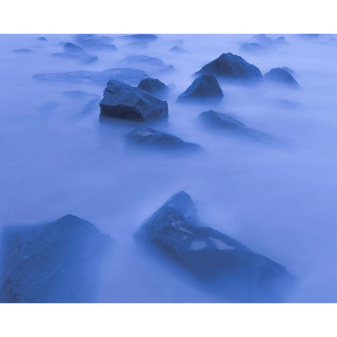 USA-New Jersey-Cape May National Seashore Sunrise mist on rocky shore Black Modern Wood Framed Art Print by Jaynes Gallery