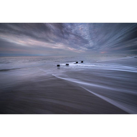 USA-New Jersey-Cape May National Seashore Pier stumps on shore at sunrise Black Modern Wood Framed Art Print with Double Matting by Jaynes Gallery