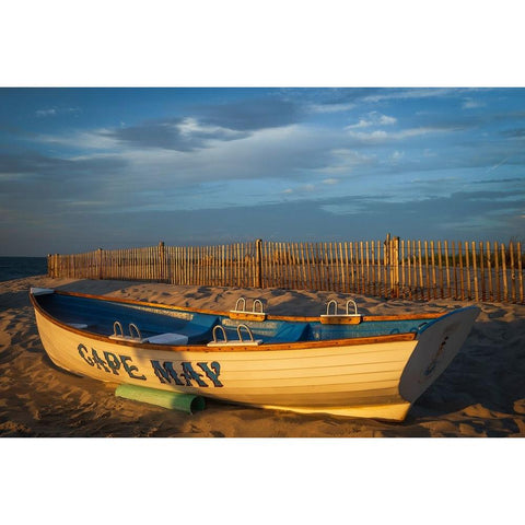 USA-New Jersey-Cape May National Seashore Rowboat on beach sand at sunrise Black Modern Wood Framed Art Print by Jaynes Gallery