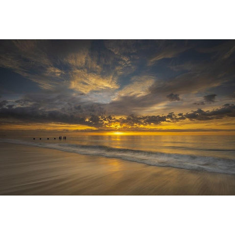 USA-New Jersey-Cape May National Seashore Sunrise on pier posts on ocean shore Black Modern Wood Framed Art Print with Double Matting by Jaynes Gallery
