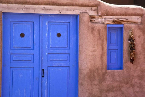 New Mexico, Santa Fe Blue door and window Black Ornate Wood Framed Art Print with Double Matting by OBrien, Jay