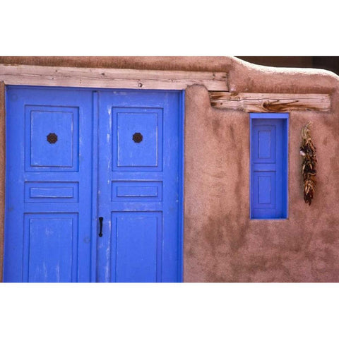 New Mexico, Santa Fe Blue door and window Black Modern Wood Framed Art Print by OBrien, Jay