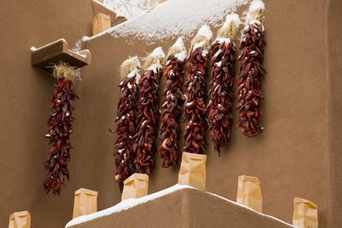 New Mexico, Santa Fe Chili pepper ristras White Modern Wood Framed Art Print with Double Matting by Grall, Don