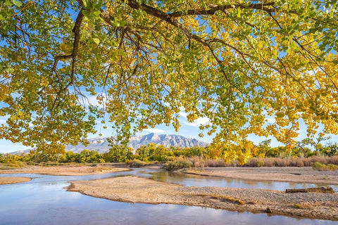 USA- New Mexico- Sandoval County. Sandia Mountains and Rio Grande River in autumn. White Modern Wood Framed Art Print with Double Matting by Jaynes Gallery