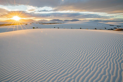 USA- New Mexico- White Sands National Monument. Sunset on white sand dunes and clouds. Black Ornate Wood Framed Art Print with Double Matting by Jaynes Gallery