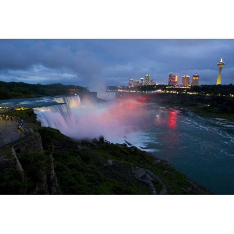NY, Niagara Falls light show at night White Modern Wood Framed Art Print by Lord, Fred
