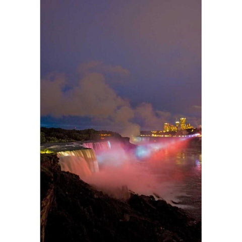 NY, Niagara Falls Waterfalls and mist at dusk White Modern Wood Framed Art Print by Lord, Fred
