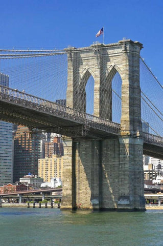 NY, New York City Brooklyn Bridge and Manhattan Black Ornate Wood Framed Art Print with Double Matting by Lord, Fred