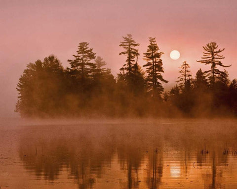 USA, New York, Adirondack Park Sunrise on a lake White Modern Wood Framed Art Print with Double Matting by OBrien, Jay