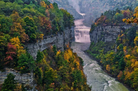 NY, Letchworth SP River and waterfall in canyon White Modern Wood Framed Art Print with Double Matting by OBrien, Jay