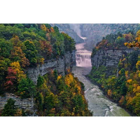 NY, Letchworth SP River and waterfall in canyon Black Modern Wood Framed Art Print by OBrien, Jay
