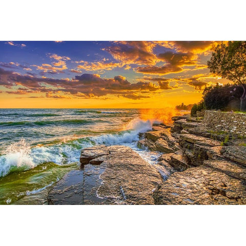 USA-New York-Lake Ontario Sunset waves on rocky shoreline Black Modern Wood Framed Art Print by Jaynes Gallery