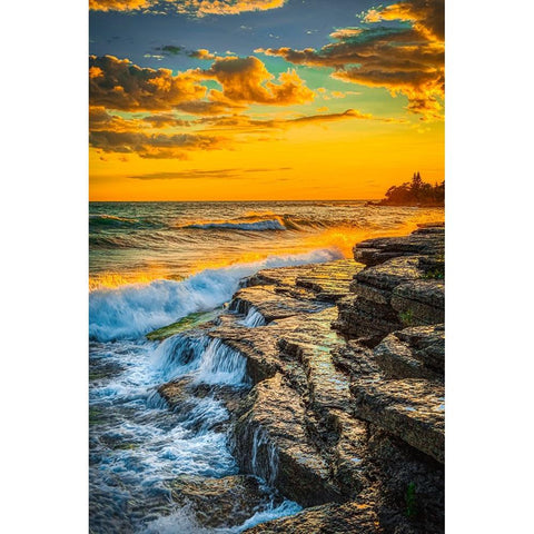 USA-New York-Lake Ontario Sunset waves on rocky shoreline Black Modern Wood Framed Art Print by Jaynes Gallery