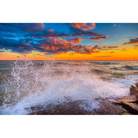 USA-New York-Lake Ontario Sunset waves on rocky shoreline Black Modern Wood Framed Art Print by Jaynes Gallery