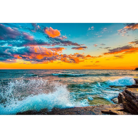 USA-New York-Lake Ontario Sunset waves on rocky shoreline Black Modern Wood Framed Art Print with Double Matting by Jaynes Gallery