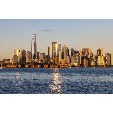 USA-New York View of New York City skyline at sunset from Port Liberte in Jersey City-New Jersey Black Modern Wood Framed Art Print with Double Matting by Looney, Hollice