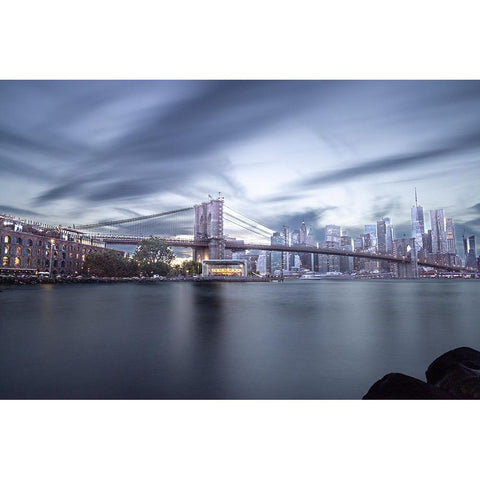 USA-New York The Brooklyn Bridge and New York City skyline Black Modern Wood Framed Art Print by Looney, Hollice