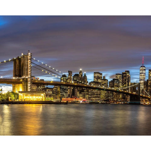 USA-New York The Brooklyn Bridge and New York City skyline Black Modern Wood Framed Art Print with Double Matting by Looney, Hollice